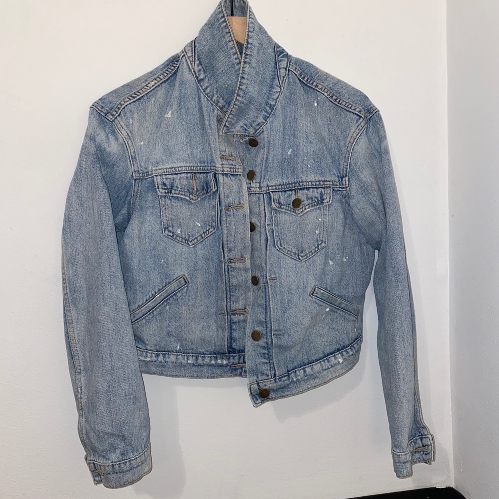 paint splatter detailed cropped denim jacket